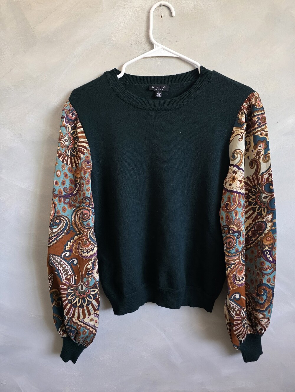 Current Air Long Balloon Puff Sleeve Paisley Print Green Sweater Sz S Boho